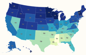 O mapa mostra a pontuação de crédito média em cada estado