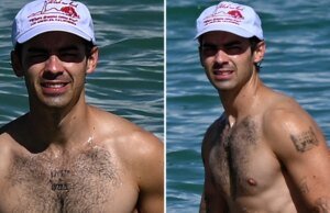 Joe Jonas mostra seu abdômen durante um dia de praia em Miami