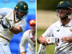 Jack Weatherold e Beau Webster não conseguem rebater na rebatida final do Sheffield Shield