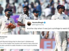 Os fãs comemoram após o primeiro dia do governo da Índia em Calcutá, enquanto Jasprit Bumrah derruba as rebatidas da África do Sul