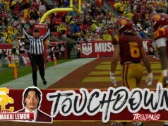 Jayden Maiava se conecta com Makai Lemon para um espetacular TD de 12 jardas e reduz o déficit do USC contra Iowa