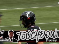 Brendan Sorsby, de Cincinnati, encontra Jeff Caldwell para um caça-tanques de 7 jardas para dar a liderança ao Arizona.