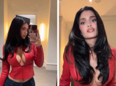 Kylie Jenner abre o zíper da jaqueta vermelha e mostra o decote em novo clipe quente